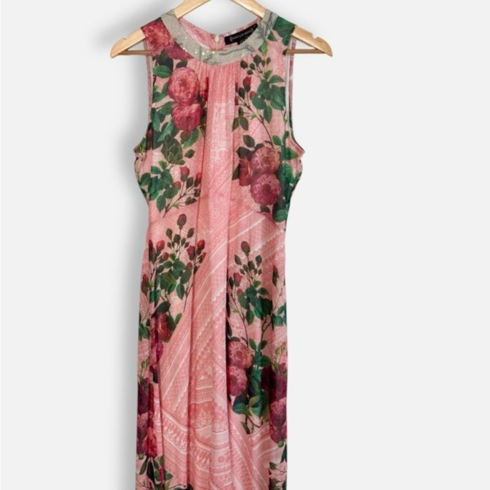 Anthropologie- Elegant Floral Maxi Dress in Pink and Green